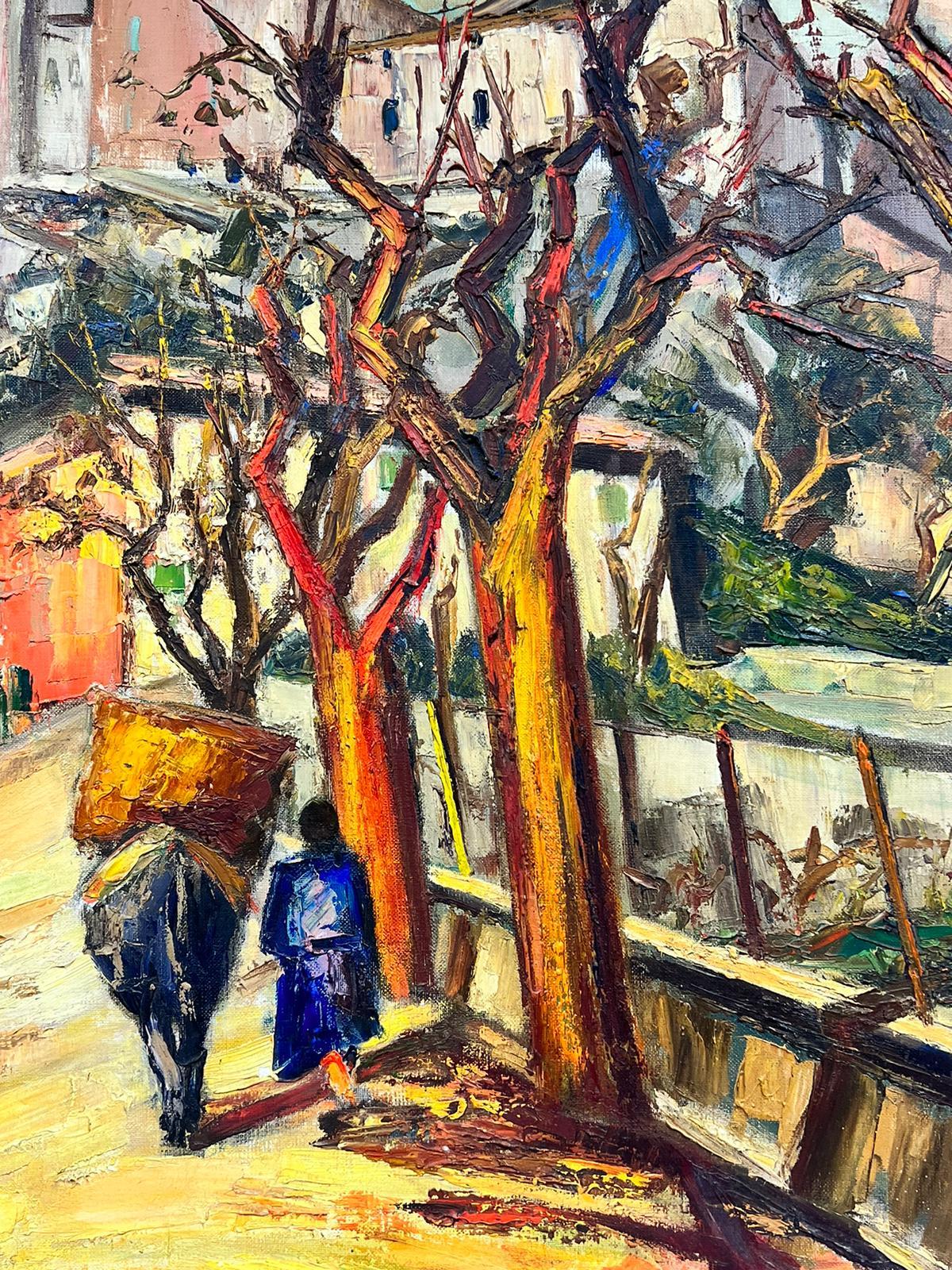 1960’s French Oil Provençal Village Figure Walking with Donkey Post Impressionis - Painting by Josine Vignon