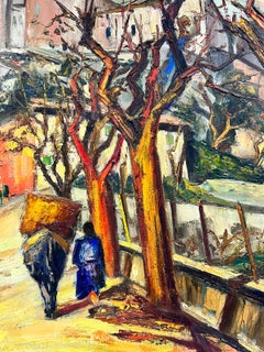 Huile française des années 1960 Village Provençal Figure marchant avec un âne Post Impressionis