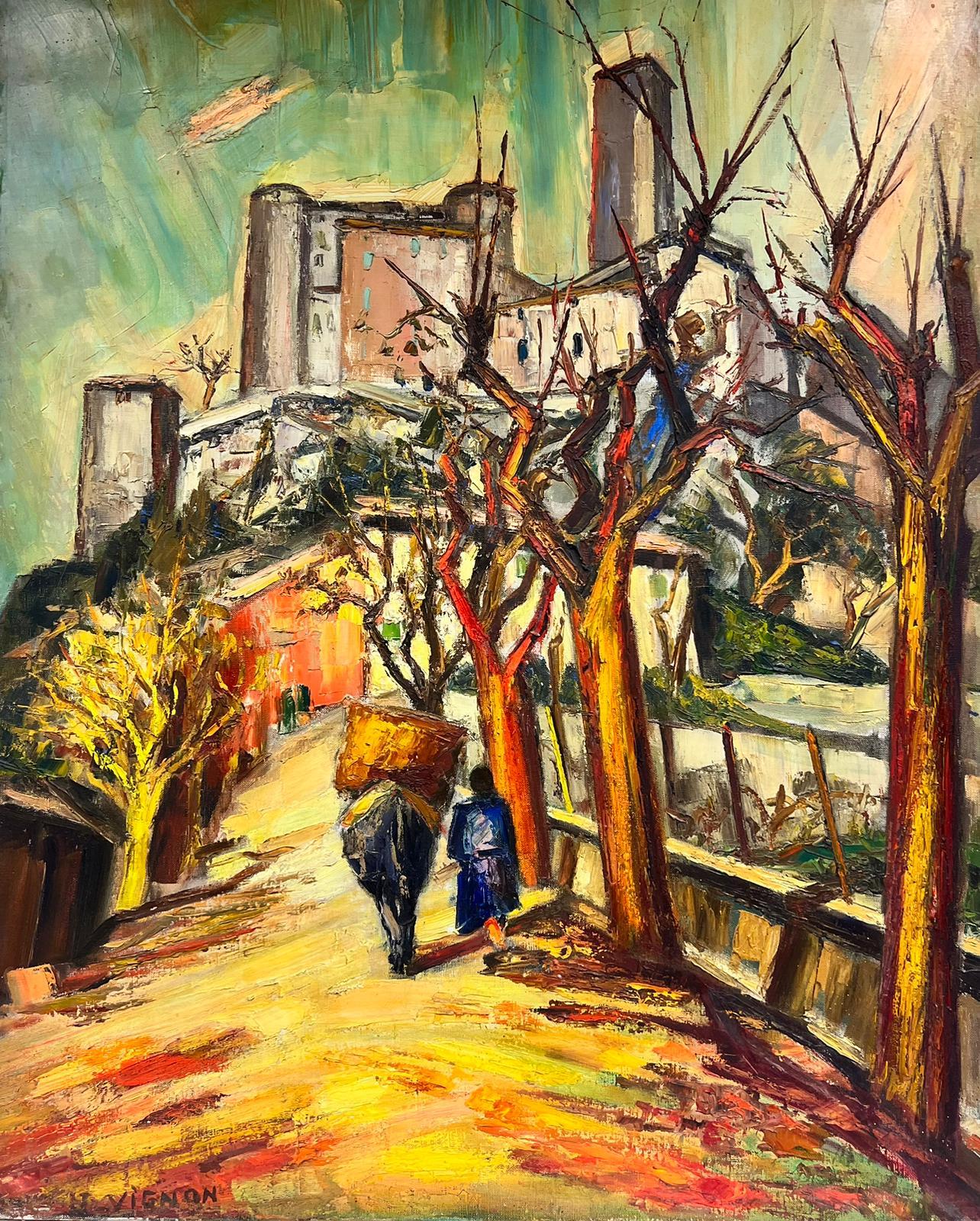 Josine Vignon Animal Painting - 1960’s French Oil Provençal Village Figure Walking with Donkey Post Impressionis