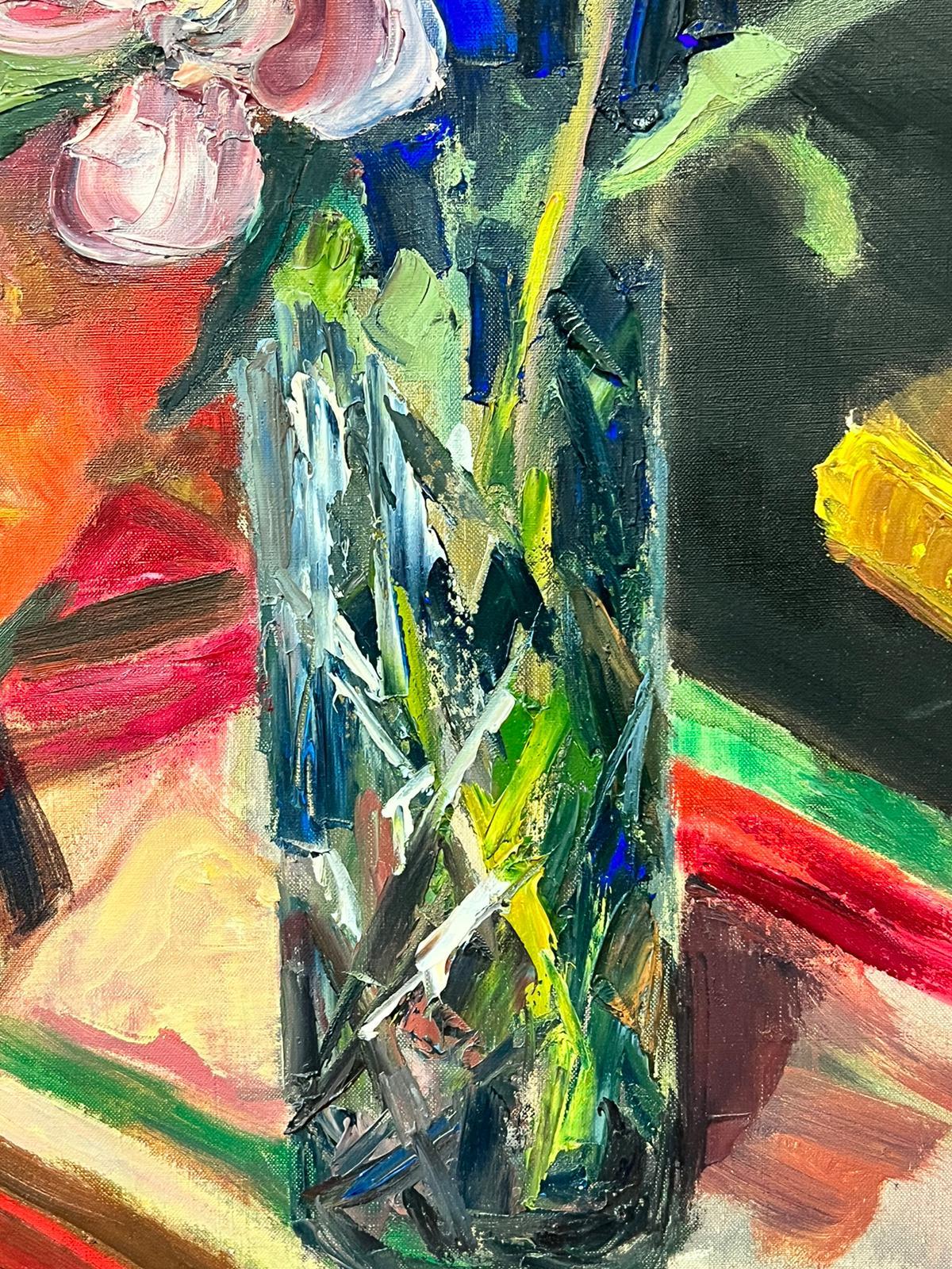 1960's Französisch Post Impressionist Öl Blumen in Vase Stillleben Innenraum – Painting von Josine Vignon