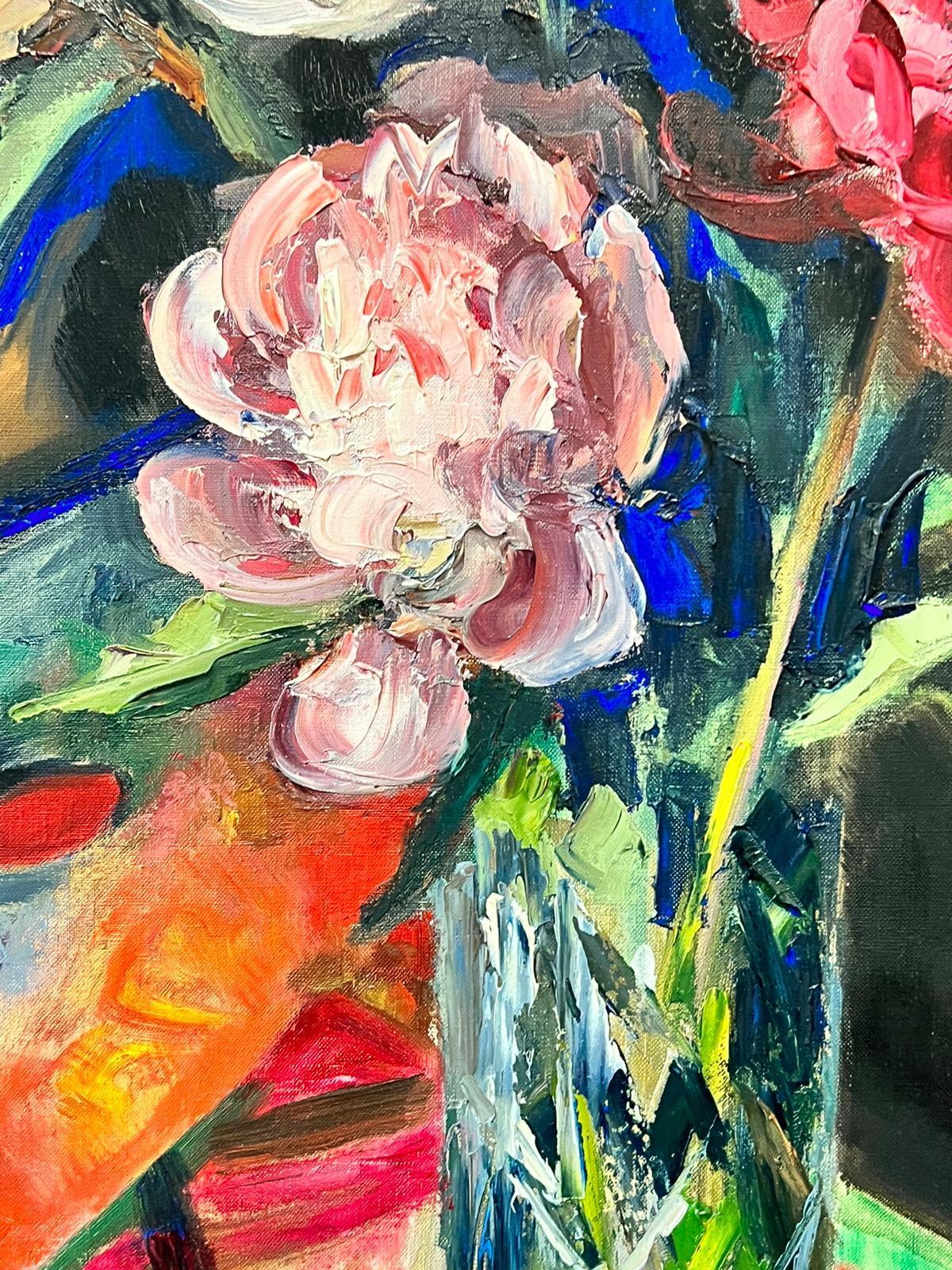 1960's Französisch Post Impressionist Öl Blumen in Vase Stillleben Innenraum (Post-Impressionismus), Painting, von Josine Vignon