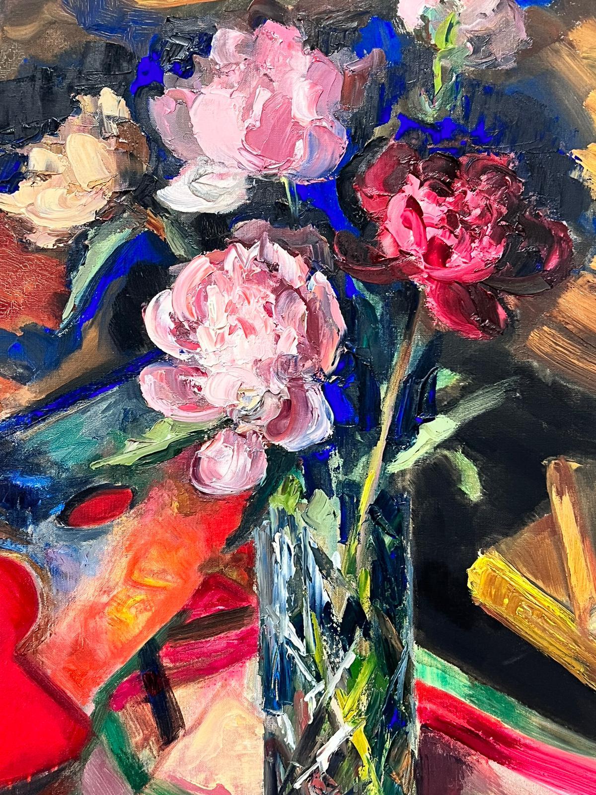 1960's Französisch Post Impressionist Öl Blumen in Vase Stillleben Innenraum im Angebot 2