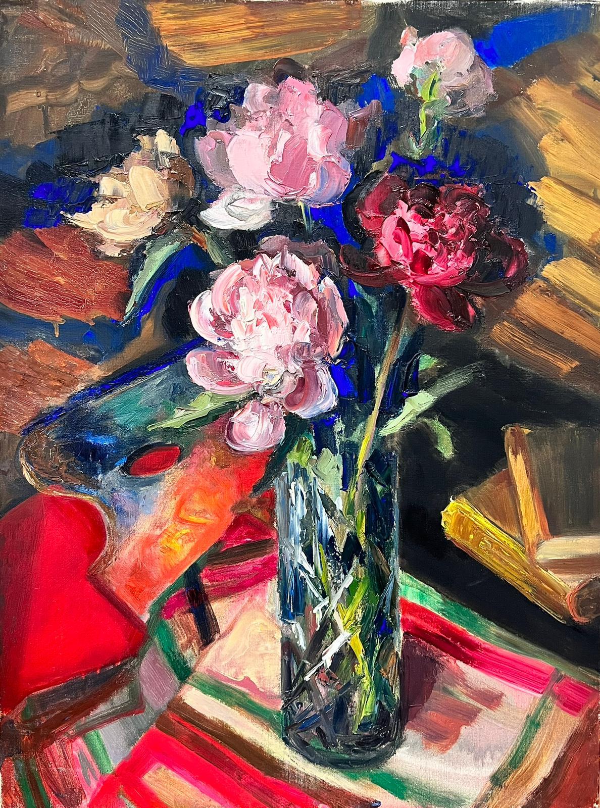 1960's Französisch Post Impressionist Öl Blumen in Vase Stillleben Innenraum