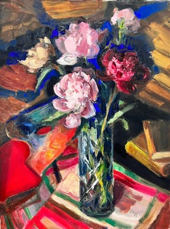 1960’s French Post Impressionist Oil Flowers in Vase Still Life Interior Room