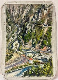 1960s French Post-Impressionist Oil Mountain Village Windy Roads