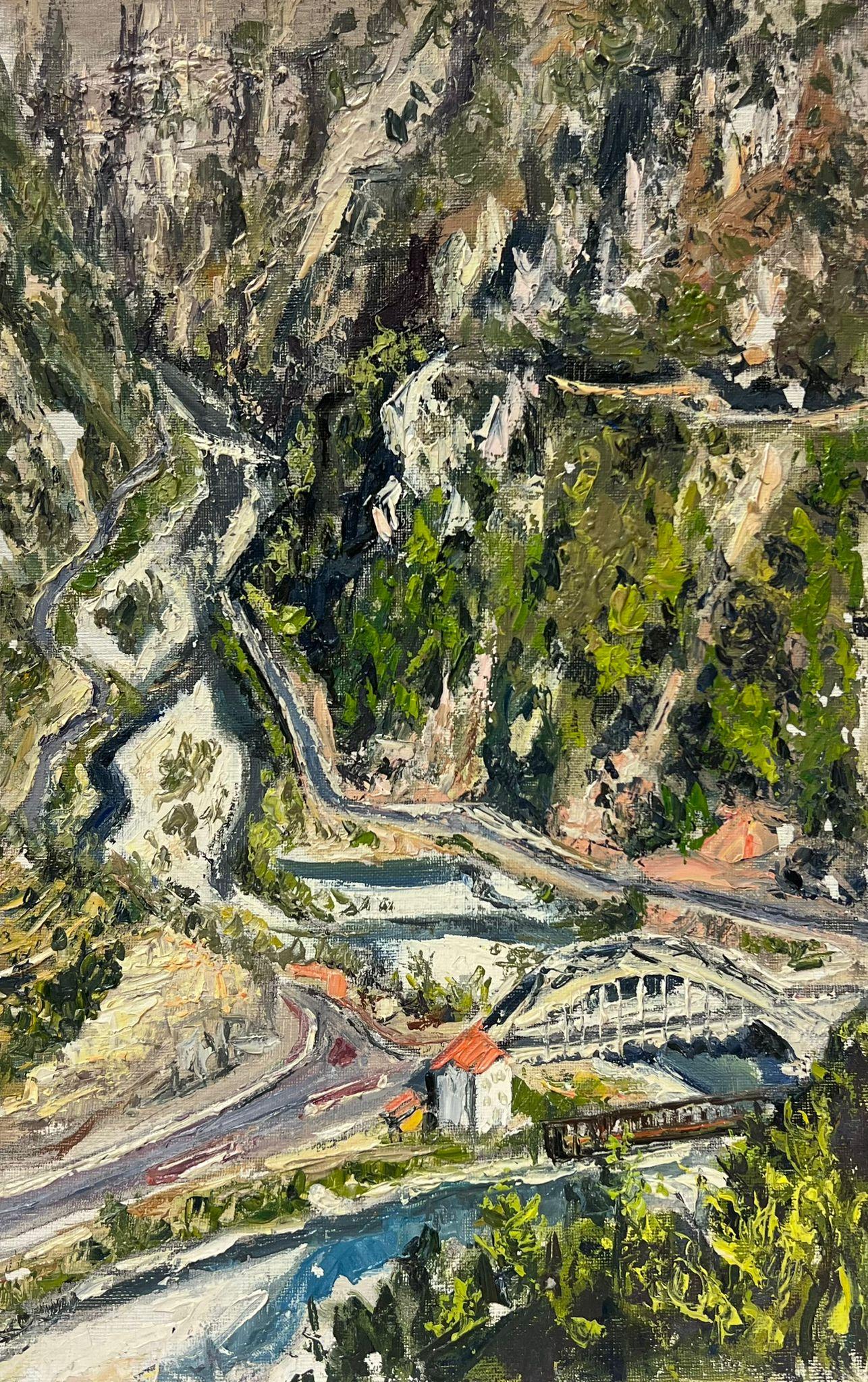Josine Vignon Landscape Painting - 1960s French Post-Impressionist Oil Mountain Village Windy Roads