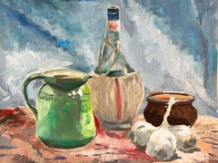 1960's Óleo Post Impresionista Francés Bodegón Ajo y Vino sobre Mesa