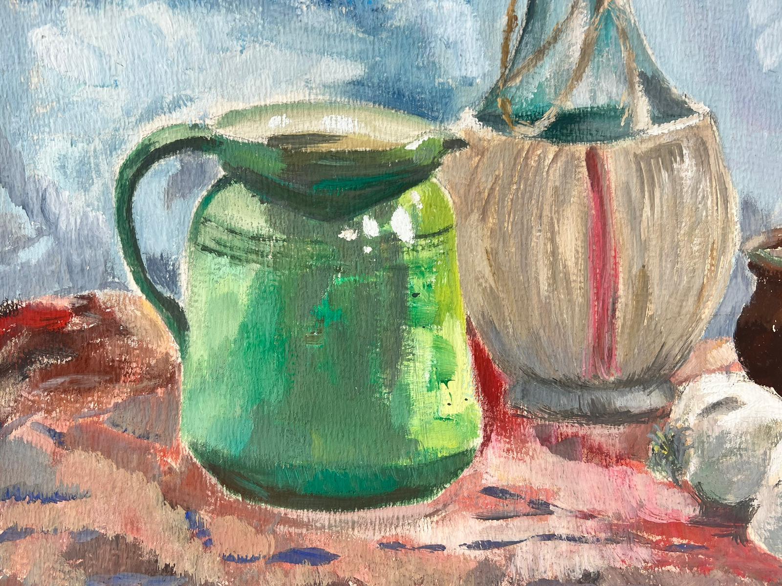 Französisches postimpressionistisches Öl-Stillleben aus den 1960er Jahren, Garn und Wein auf Tisch (Post-Impressionismus), Painting, von Josine Vignon