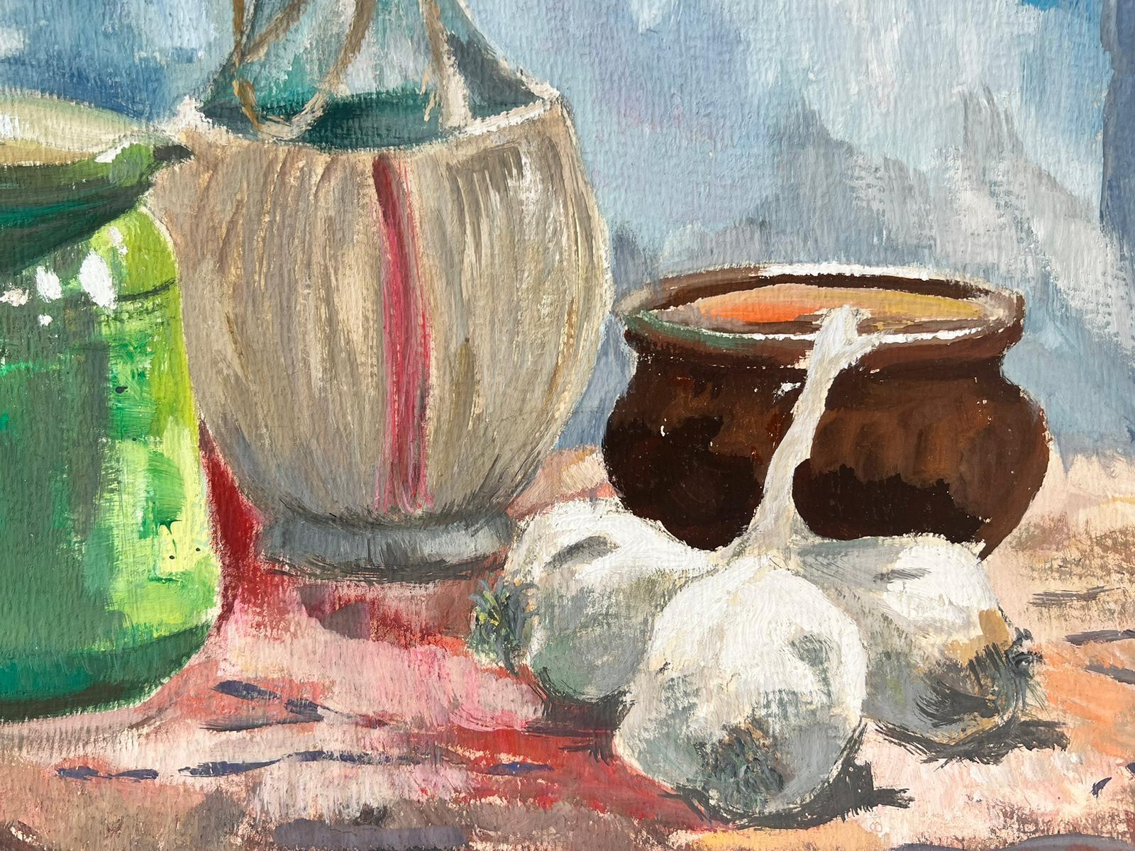 Französisches postimpressionistisches Öl-Stillleben aus den 1960er Jahren, Garn und Wein auf Tisch (Grau), Interior Painting, von Josine Vignon