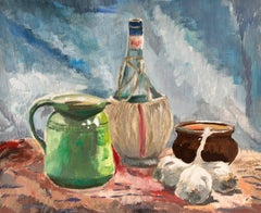 1960's French Post Impressionist Oil Still Life Garlic & Wine on Table