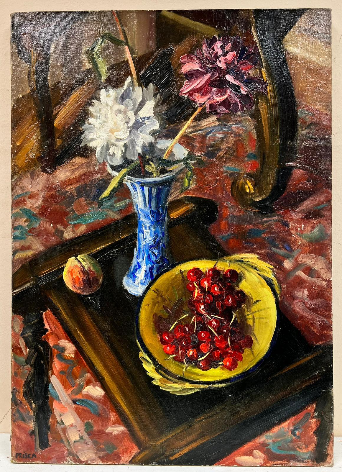 Olio francese post-impressionista degli anni '60 Natura morta rose e ciliegie rosa - Painting di Josine Vignon