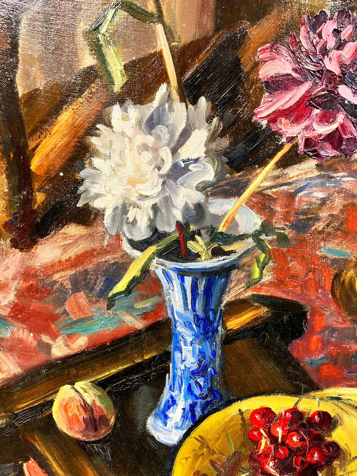 Still Life
by Josine Vignon (French 1922-2022)
stamped verso
oil painting on canvas, unframed

canvas: 26 x 18 inches

Colors: Brown colors, blue, pink, white and red

Very good condition

Provenance: from the artists estate, France

Josine Vignon