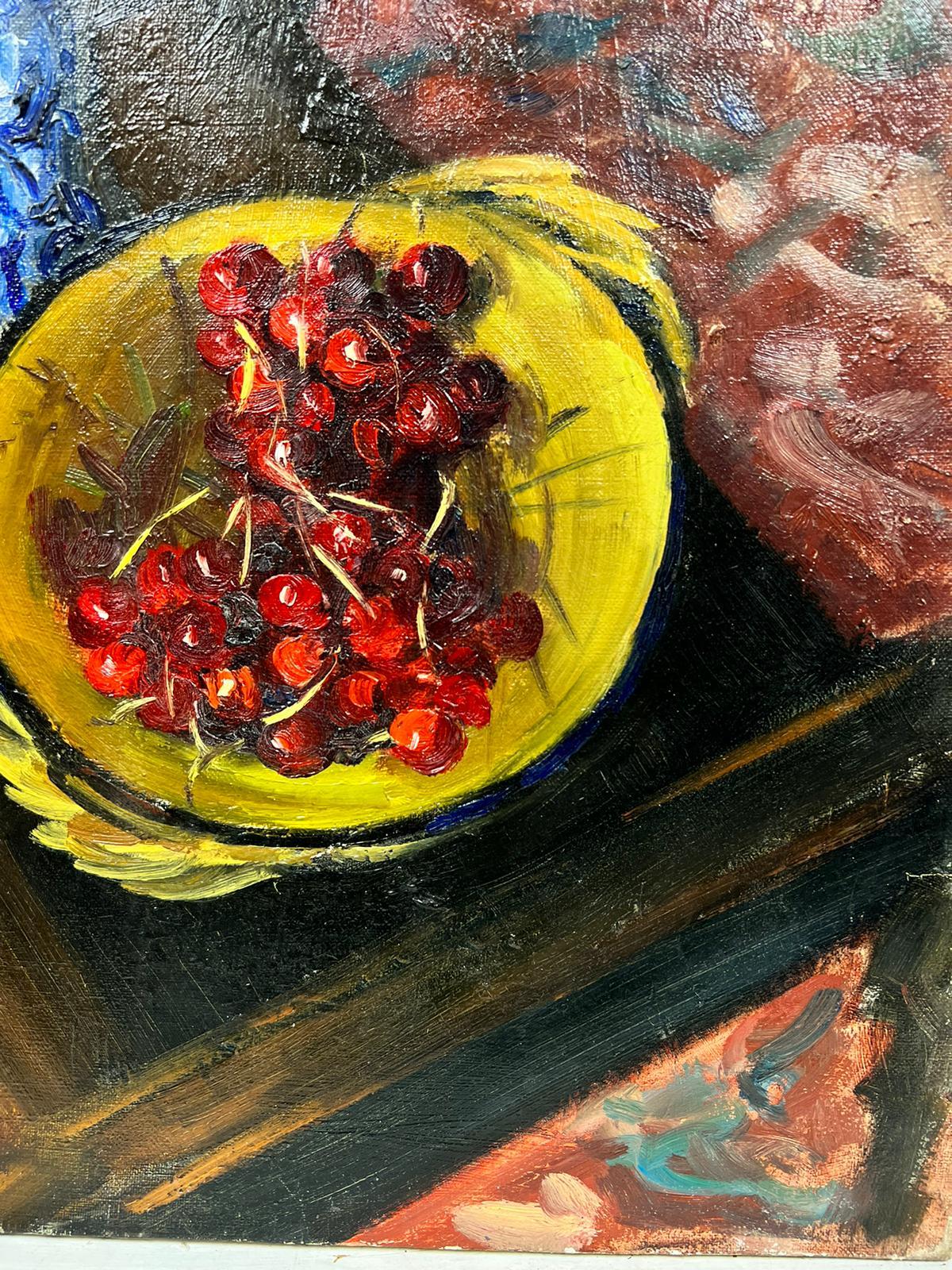 Olio francese post-impressionista degli anni '60 Natura morta rose e ciliegie rosa in vendita 1