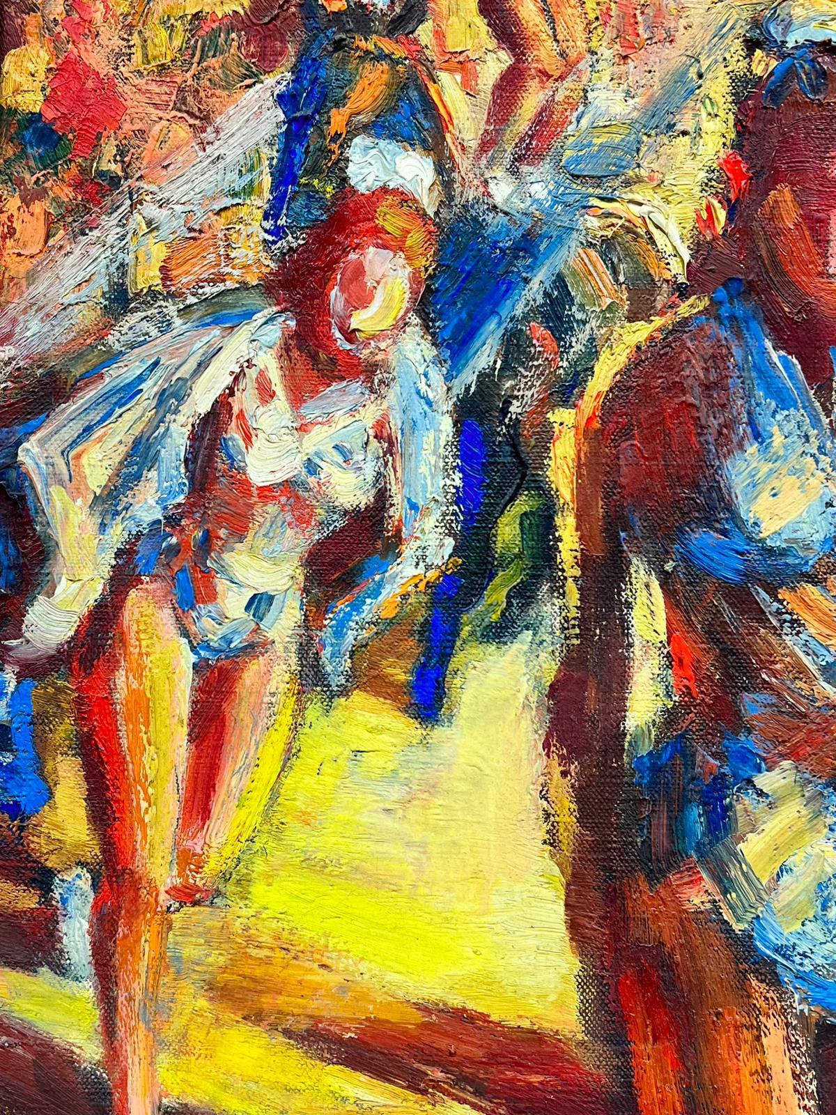 Olio post impressionista francese degli anni '60 Gli artisti del circo Montparnasse Cornice - Portrait Painting Beige di Josine Vignon