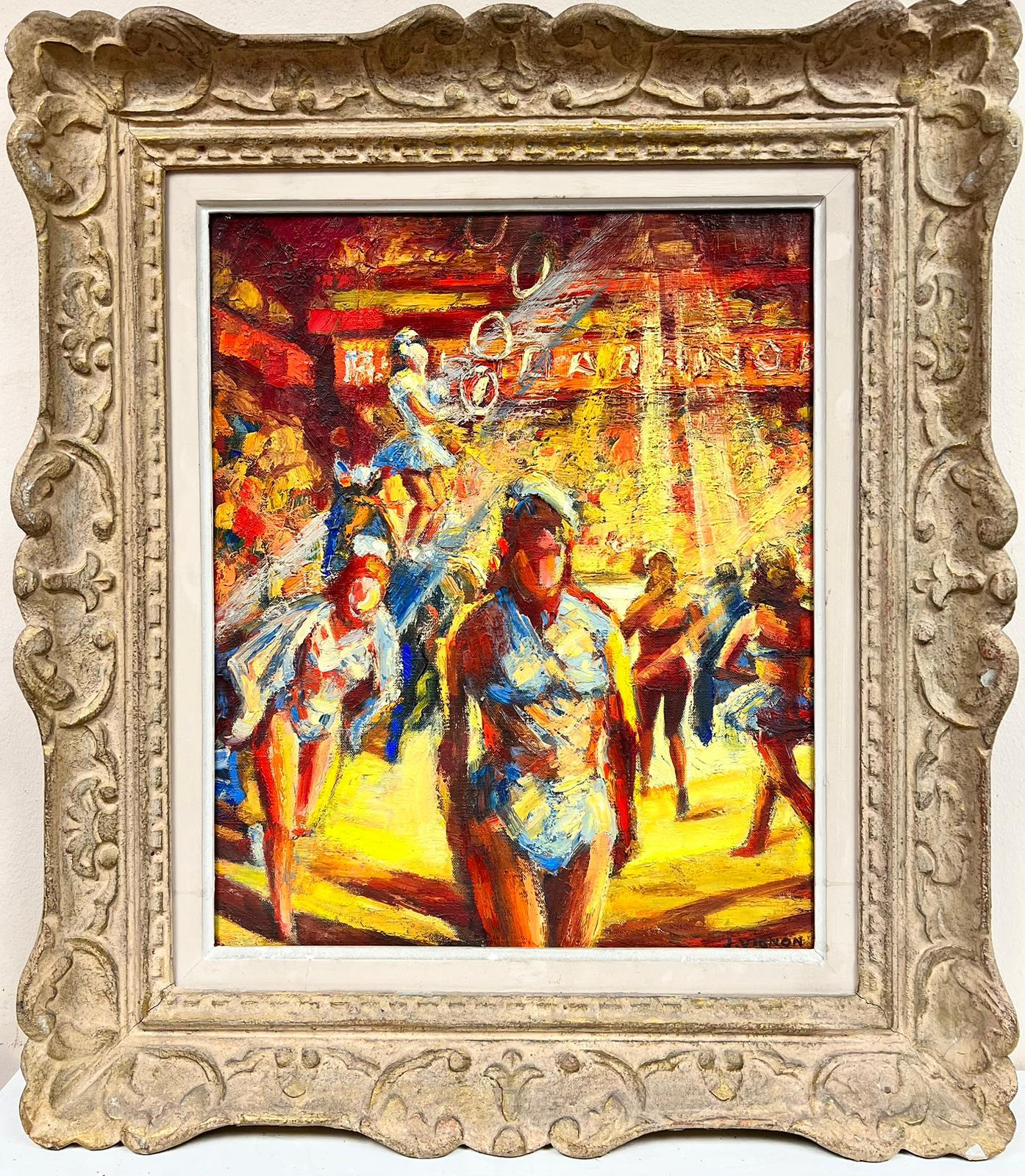 Portrait Painting di Josine Vignon - Olio post impressionista francese degli anni '60 Gli artisti del circo Montparnasse Cornice