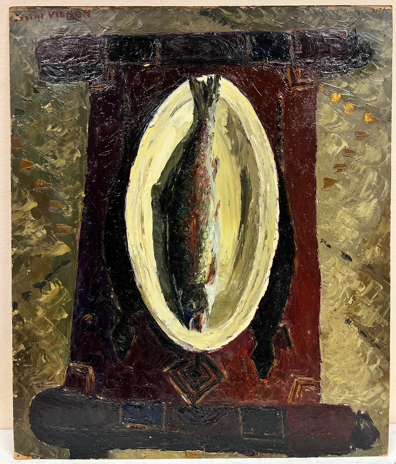 Französisches postimpressionistisches Ölgemälde mit Hose auf einem Teller, dickes Öl Impasto, 1960er Jahre – Painting von Josine Vignon