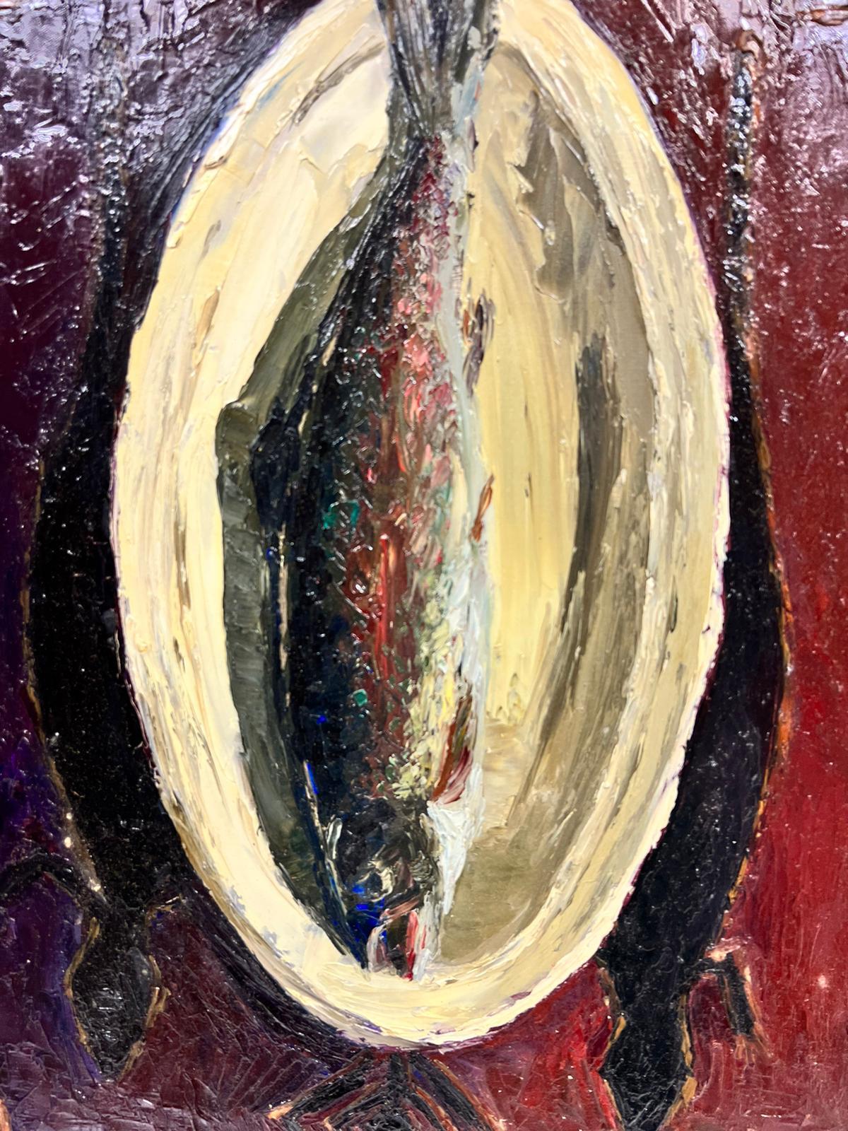 Trout Painting
by Josine Vignon (French 1922-2022)
stamped verso
oil painting on board, unframed

board: 22 x 18 inches

Colors: Red colors, brown, grey, white and black

Very good condition

Provenance: from the artists estate, France

Josine