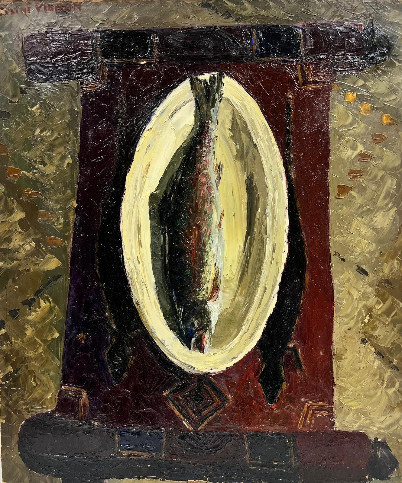 Josine Vignon Animal Painting - 1960's French Post-Impressionist Oil Trout Painting On A Plate Thick Oil Impasto