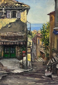 1960s French Post Impressionist Signed Oil Cafe Street Scene Cagnes Sur Mer