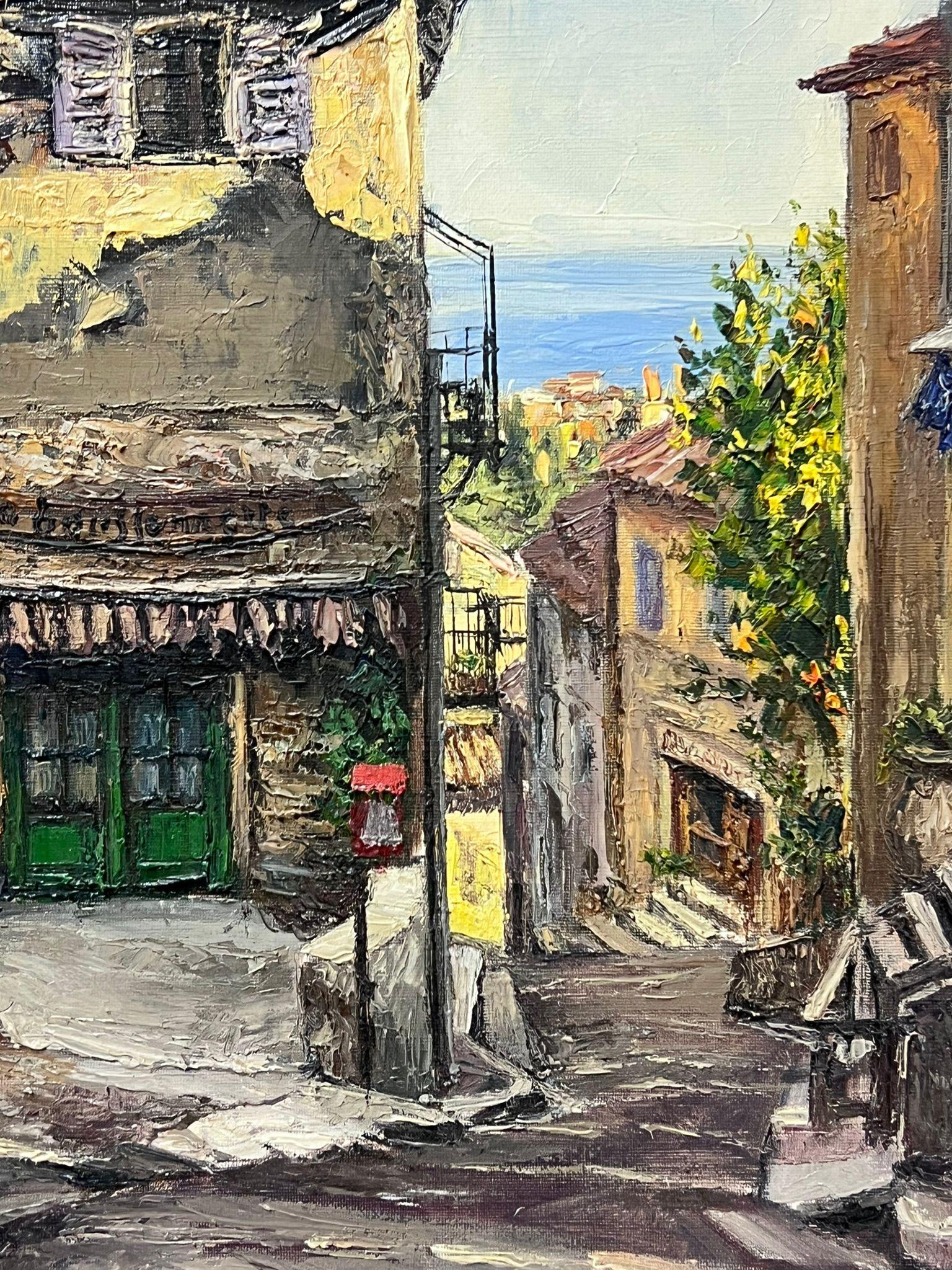 1960s French Post Impressionist Signed Oil Cafe Street Scene Cagnes Sur Mer For Sale 1
