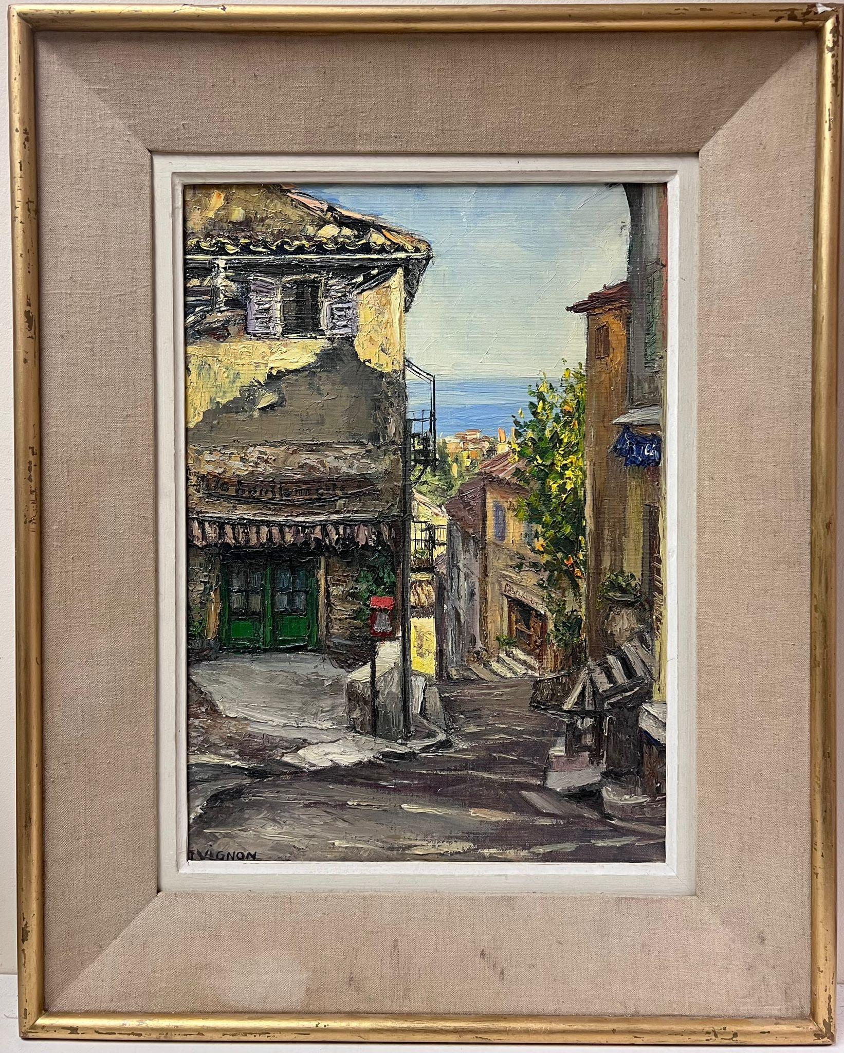 Josine Vignon Landscape Painting - 1960s French Post Impressionist Signed Oil Cafe Street Scene Cagnes Sur Mer