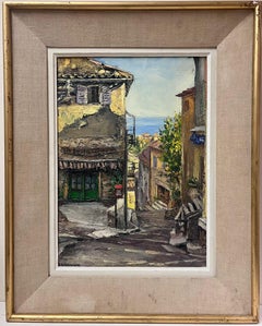 1960s French Post Impressionist Signed Oil Cafe Street Scene Cagnes Sur Mer