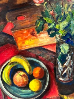 1960's Post-Impresionista Francés Firmado Óleo Frutas Flores Artistas Paleta
