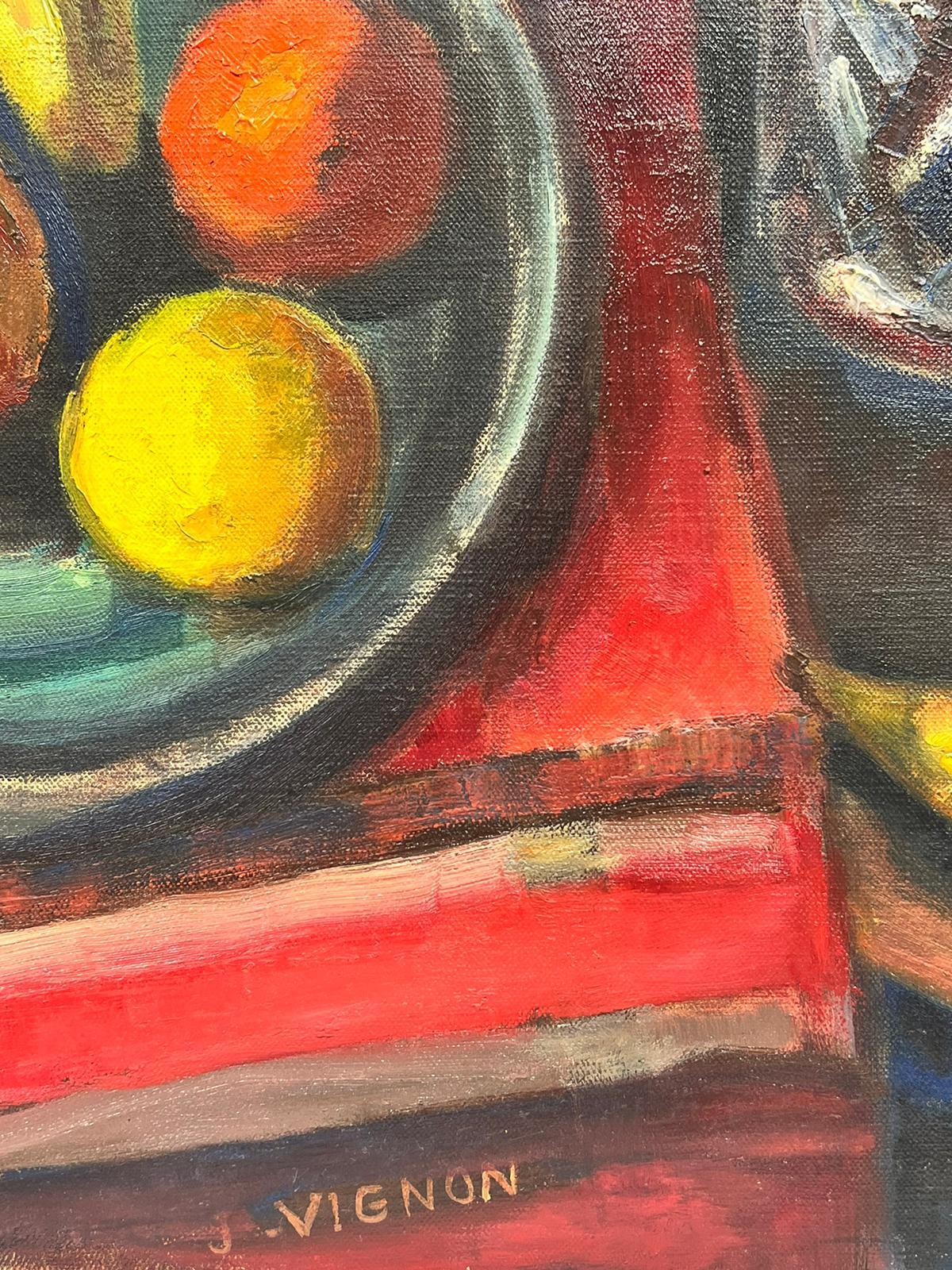 1960's Post-Impresionista Francés Firmado Óleo Frutas Flores Artistas Paleta - Still-Life Painting Marrón de Josine Vignon