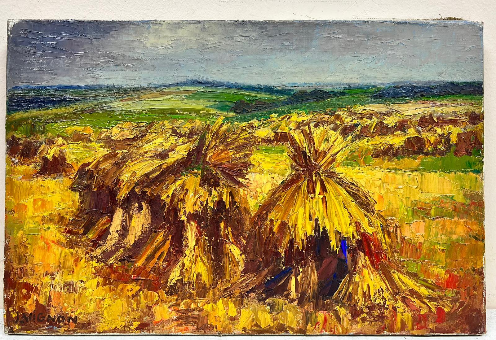 1960's Post Impresionista francés Firmado óleo Campos de trigo dorados Escena de cosecha - Painting de Josine Vignon