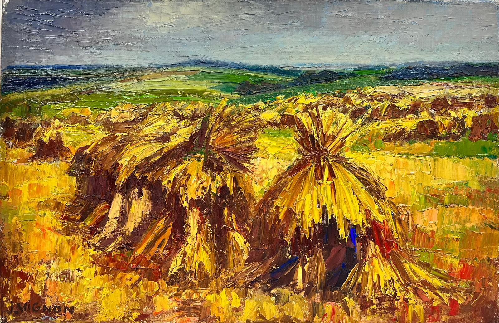 Josine Vignon Landscape Painting - 1960’s French Post Impressionist Signed oil Golden Wheat fields Harvest scene