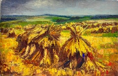 1960’s French Post Impressionist Signed oil Golden Wheat fields Harvest scene