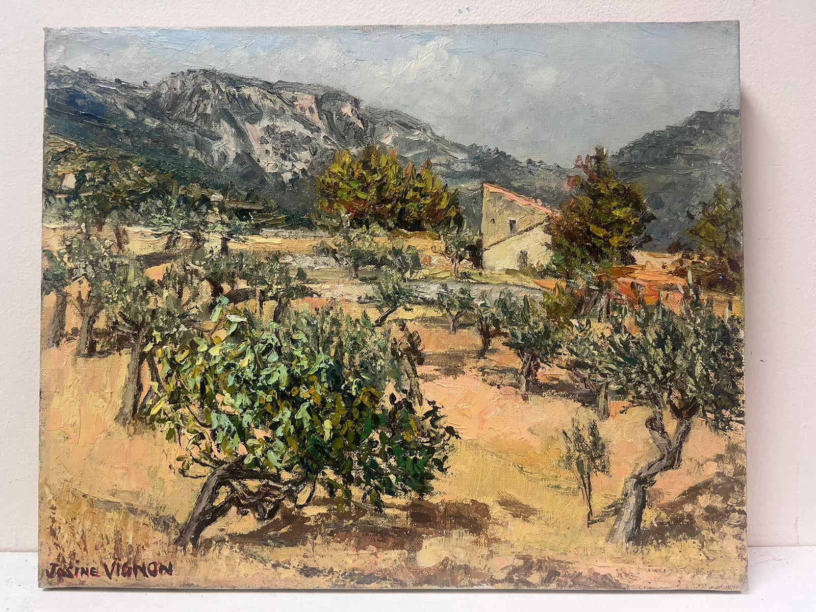 Huile post-impressionniste française des années 1960, signée Olive Groves in Dry Heat Landscape - Painting de Josine Vignon