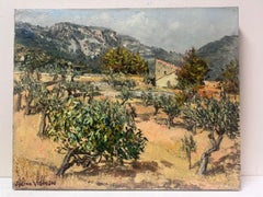 1960s French Post-Impressionist Signed Oil Olive Groves In Dry Heat Landscape