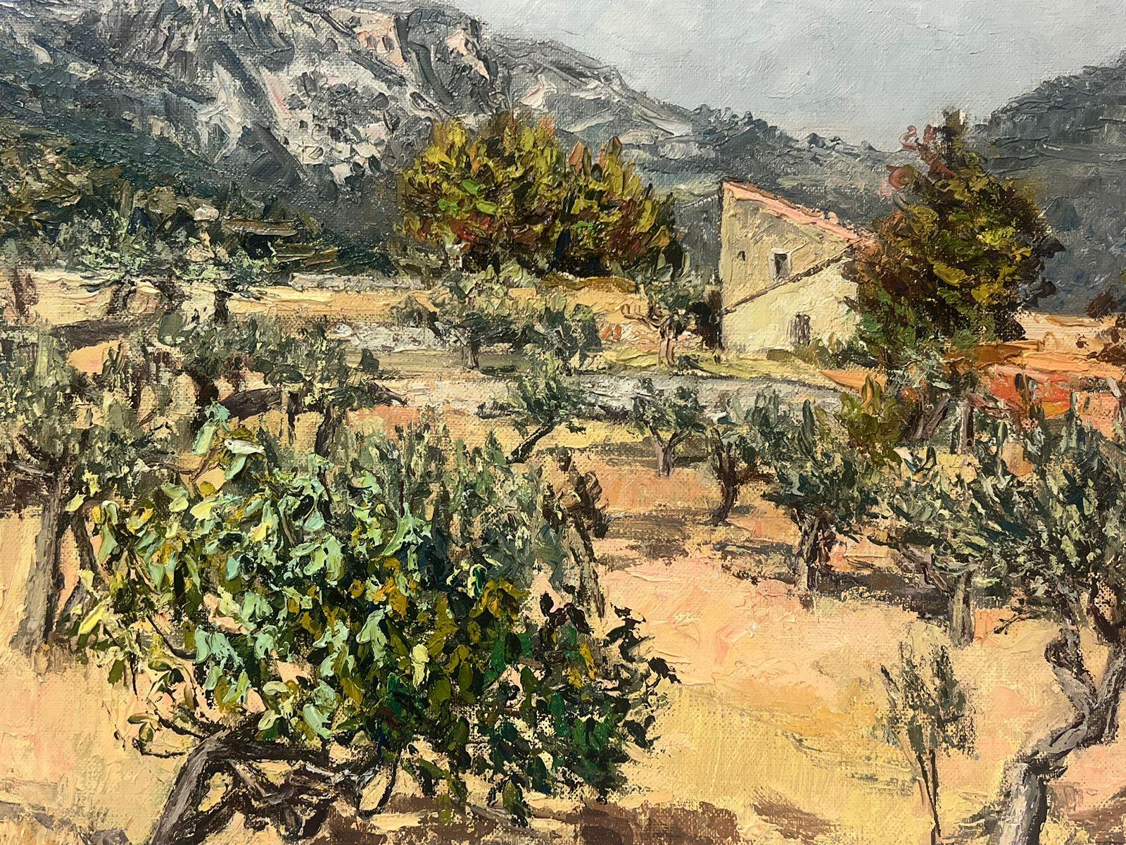 Huile post-impressionniste française des années 1960, signée Olive Groves in Dry Heat Landscape - Impressionnisme Painting par Josine Vignon