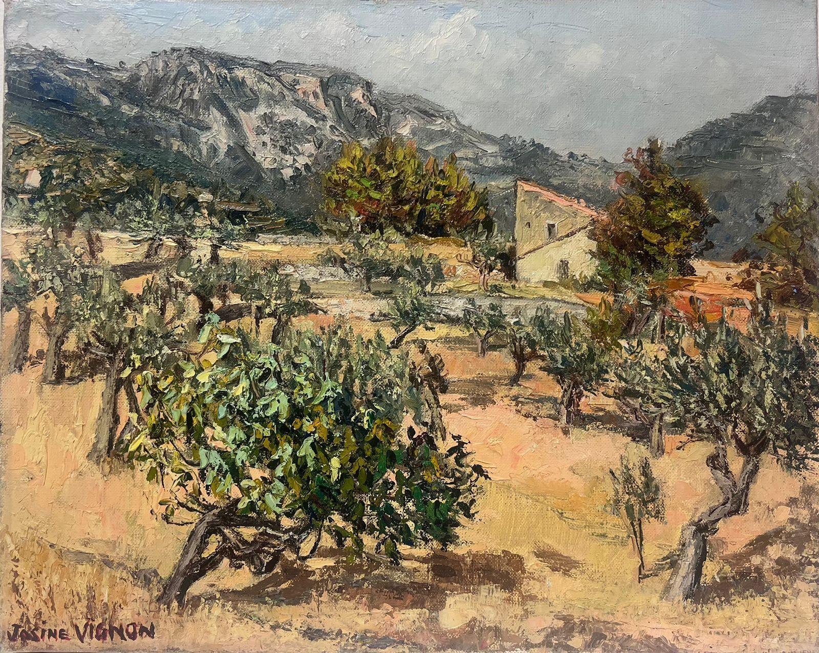 Landscape Painting Josine Vignon - Huile post-impressionniste française des années 1960, signée Olive Groves in Dry Heat Landscape