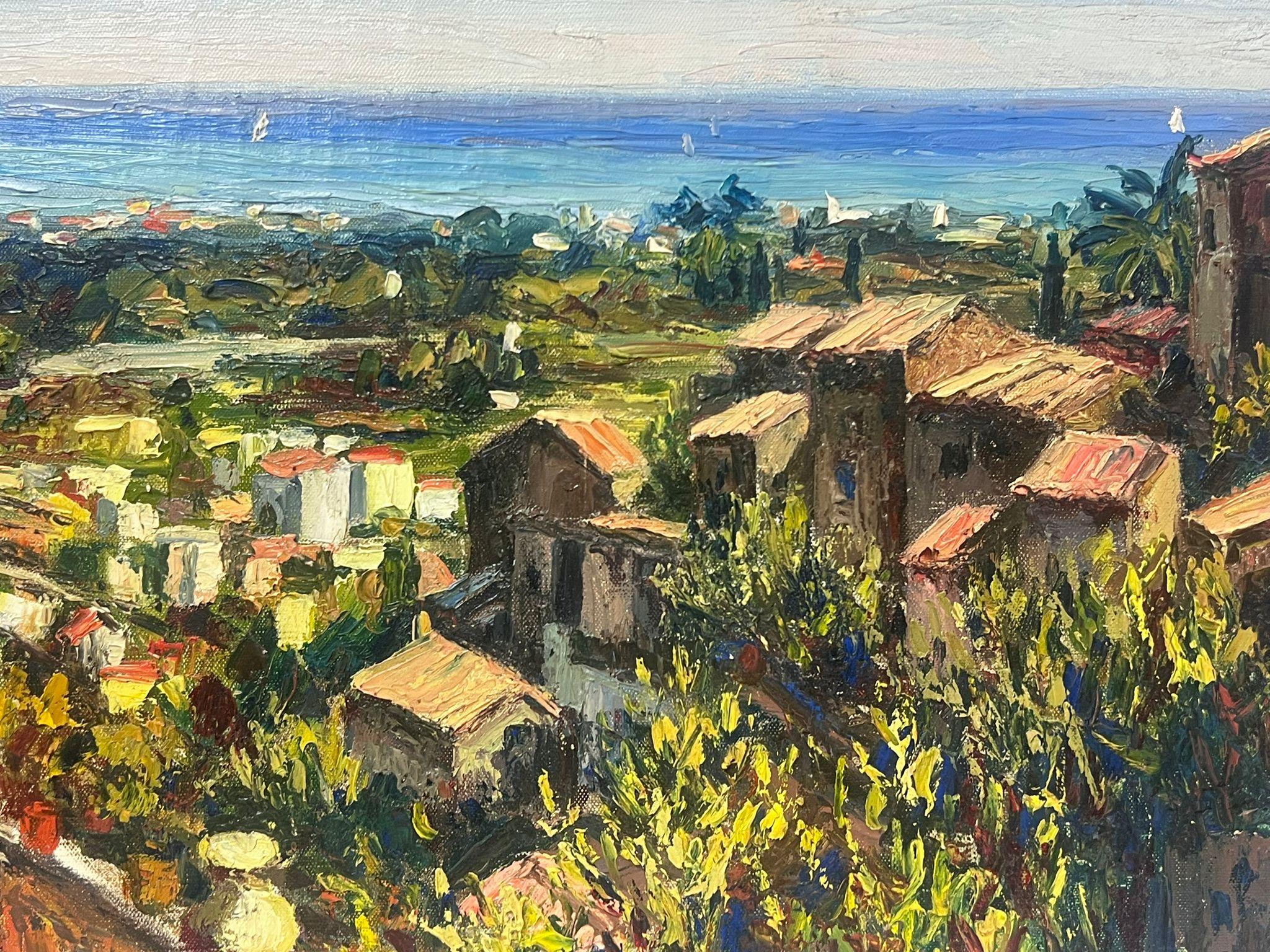1960s French Post-Impressionist Signed Oil Roof Top Town Along The Blue Coast For Sale 1