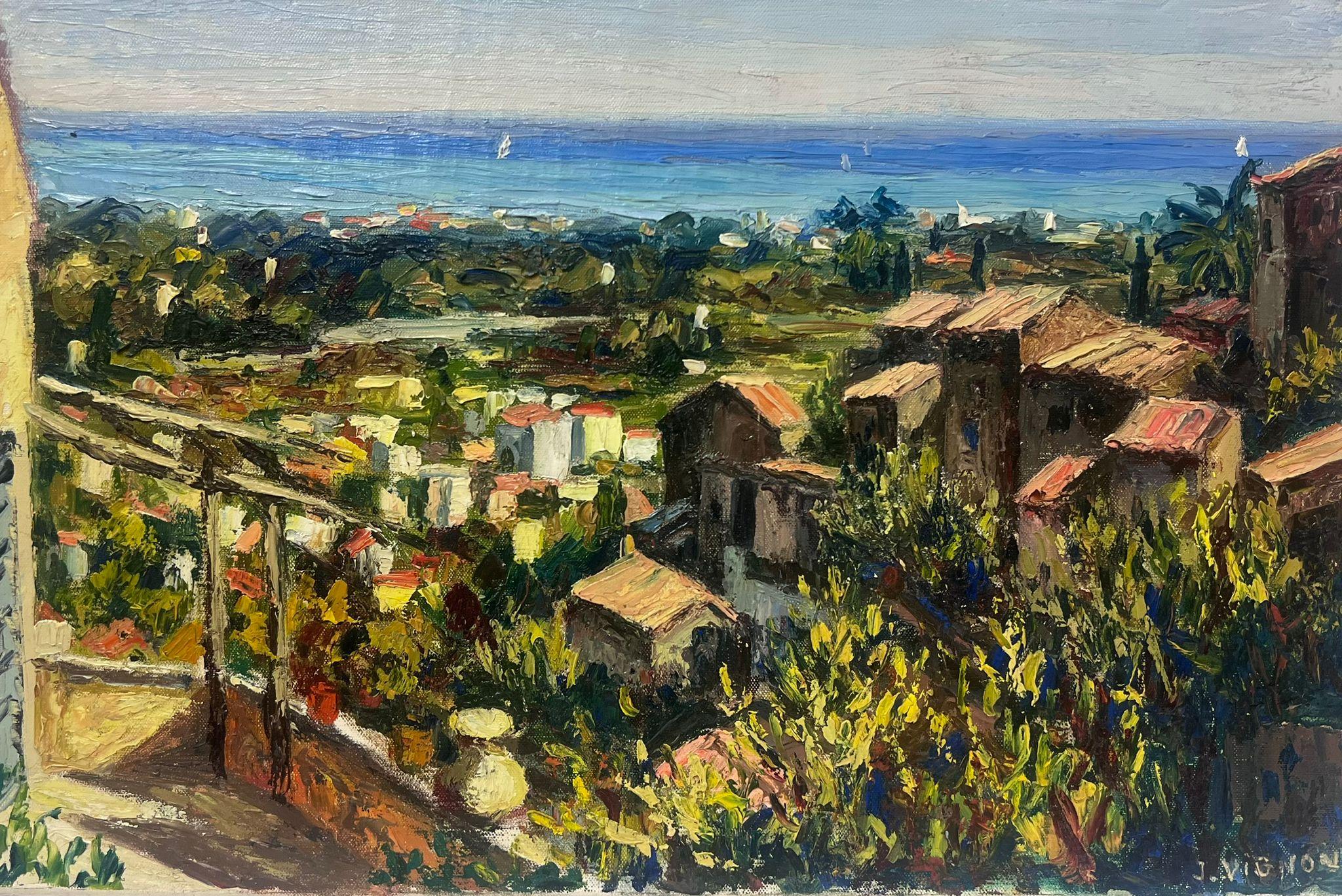 Josine Vignon Landscape Painting - 1960s French Post-Impressionist Signed Oil Roof Top Town Along The Blue Coast