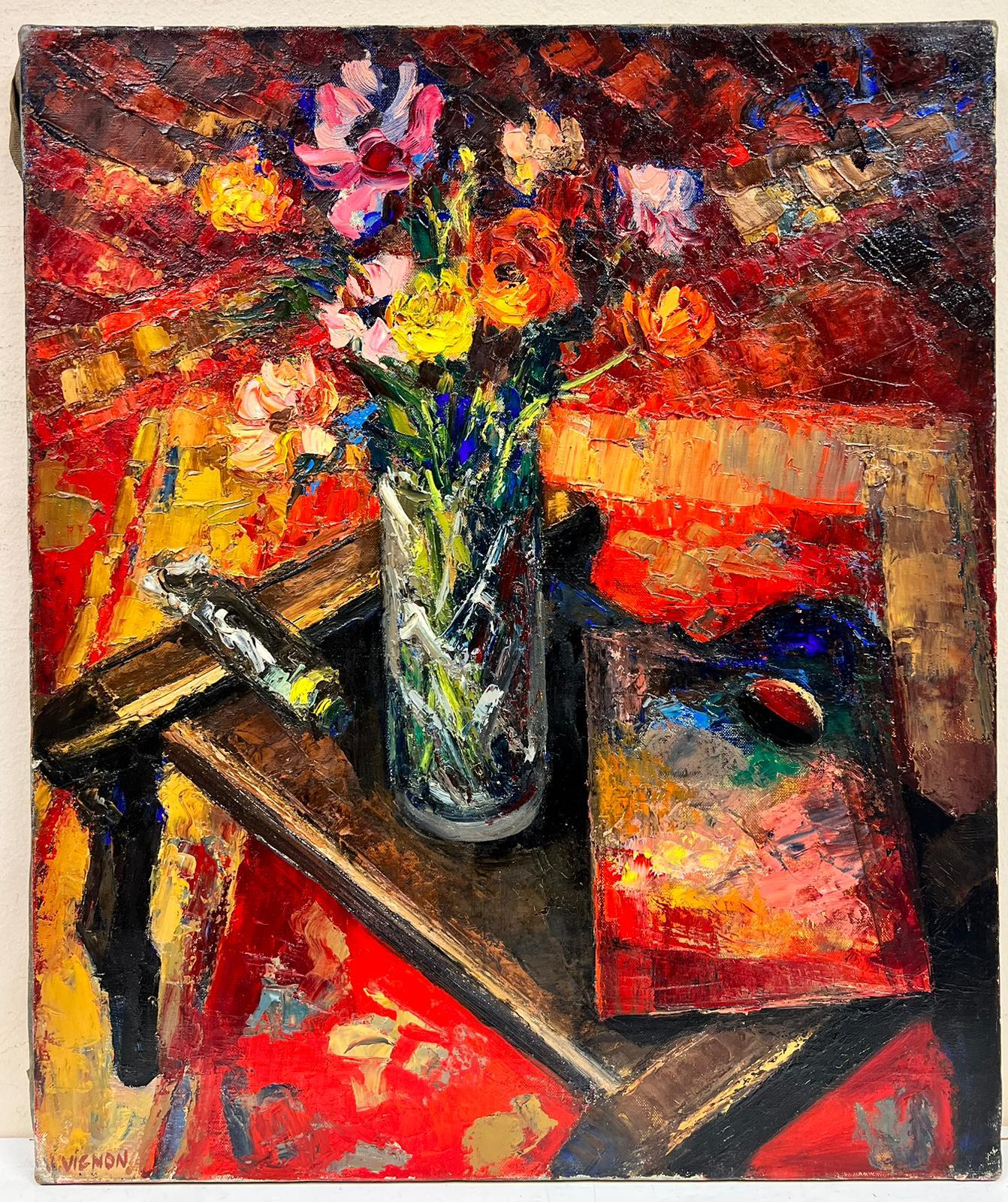 Französisches postimpressionistisches Stillleben der 1960er Jahre, Ölblumen und Künstler, Palette, Öl  – Painting von Josine Vignon