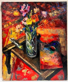 1960's French Post Impressionist Still Life Oil Flowers & Artists Palette