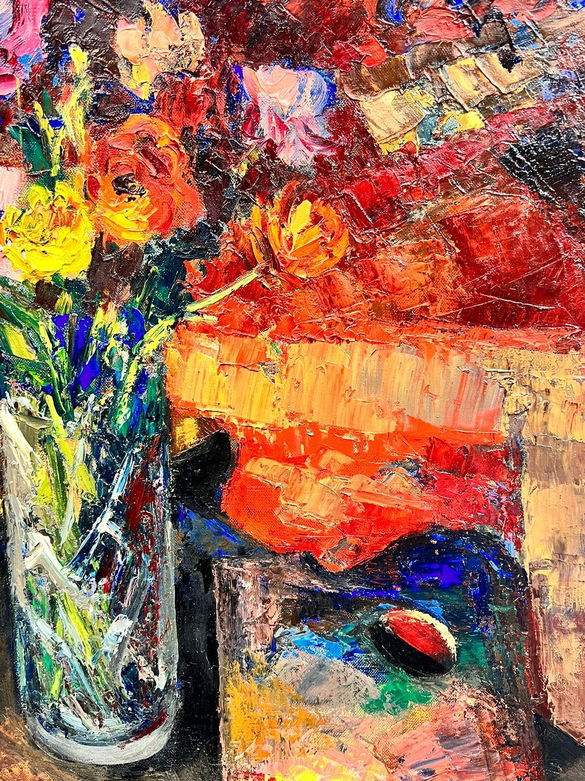 Französisches postimpressionistisches Stillleben der 1960er Jahre, Ölblumen und Künstler, Palette, Öl  (Post-Impressionismus), Painting, von Josine Vignon