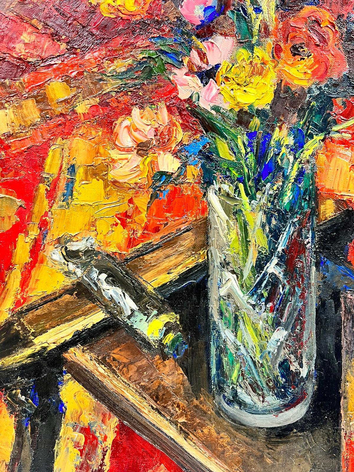 1960's French Post Impressionist Still Life Oil Flowers & Artists Palette  - Post-Impressionist Painting by Josine Vignon