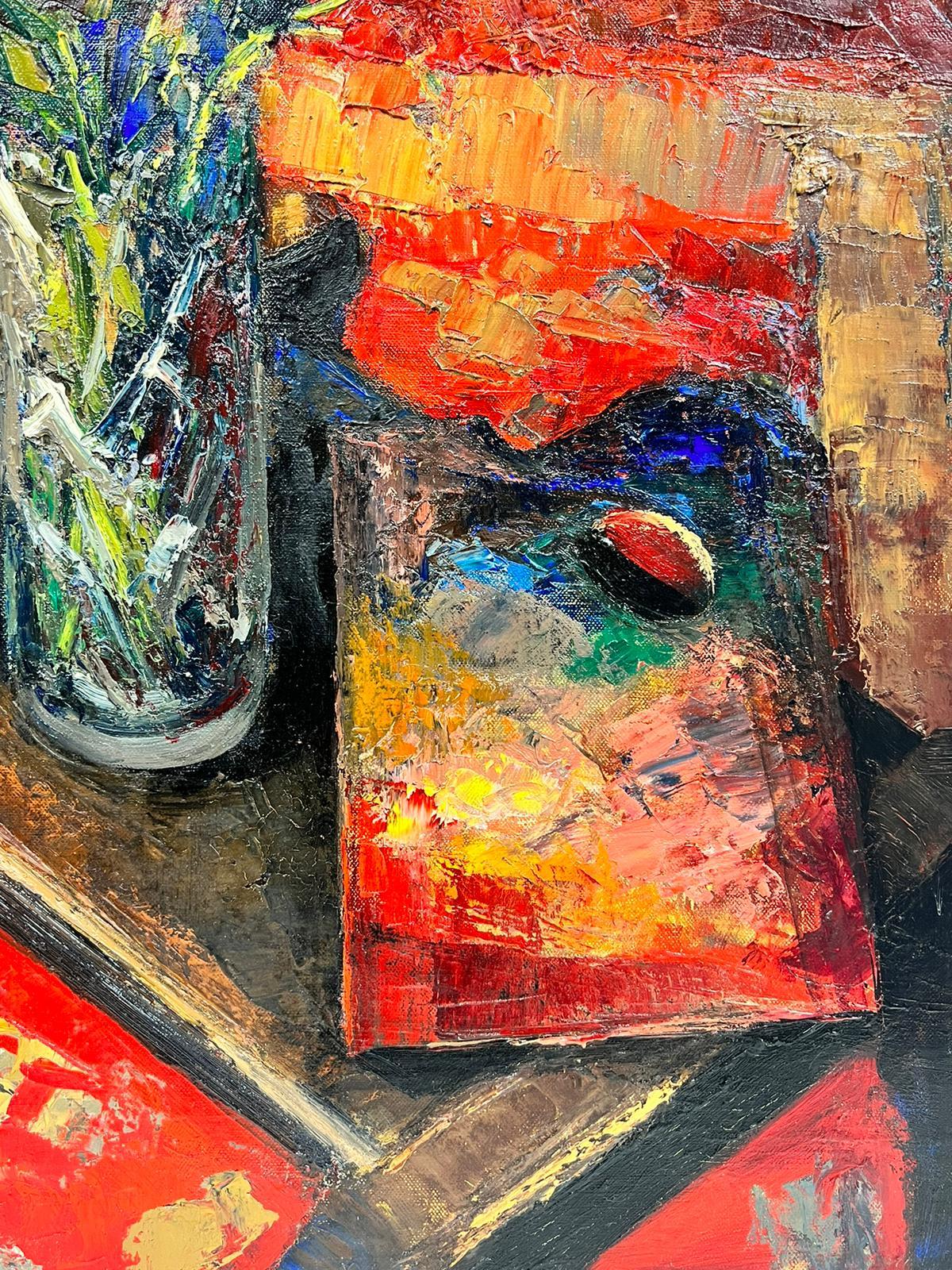 Bodegón francés postimpresionista de 1960 Flores al óleo y paleta de artista en venta 2