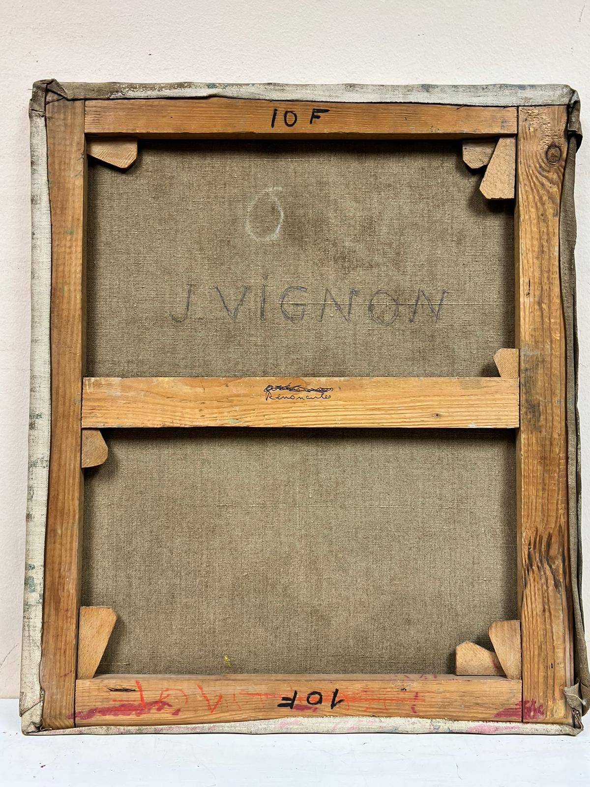 Bodegón francés postimpresionista de 1960 Flores al óleo y paleta de artista en venta 4