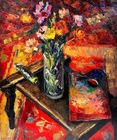 1960's French Post Impressionist Still Life Oil Flowers & Artists Palette 