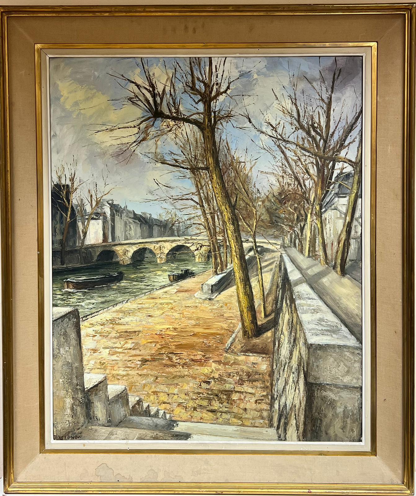 1960s Pont Marie Paris River Seine Original French Post Impressionist Signed Oil - Painting by Josine Vignon