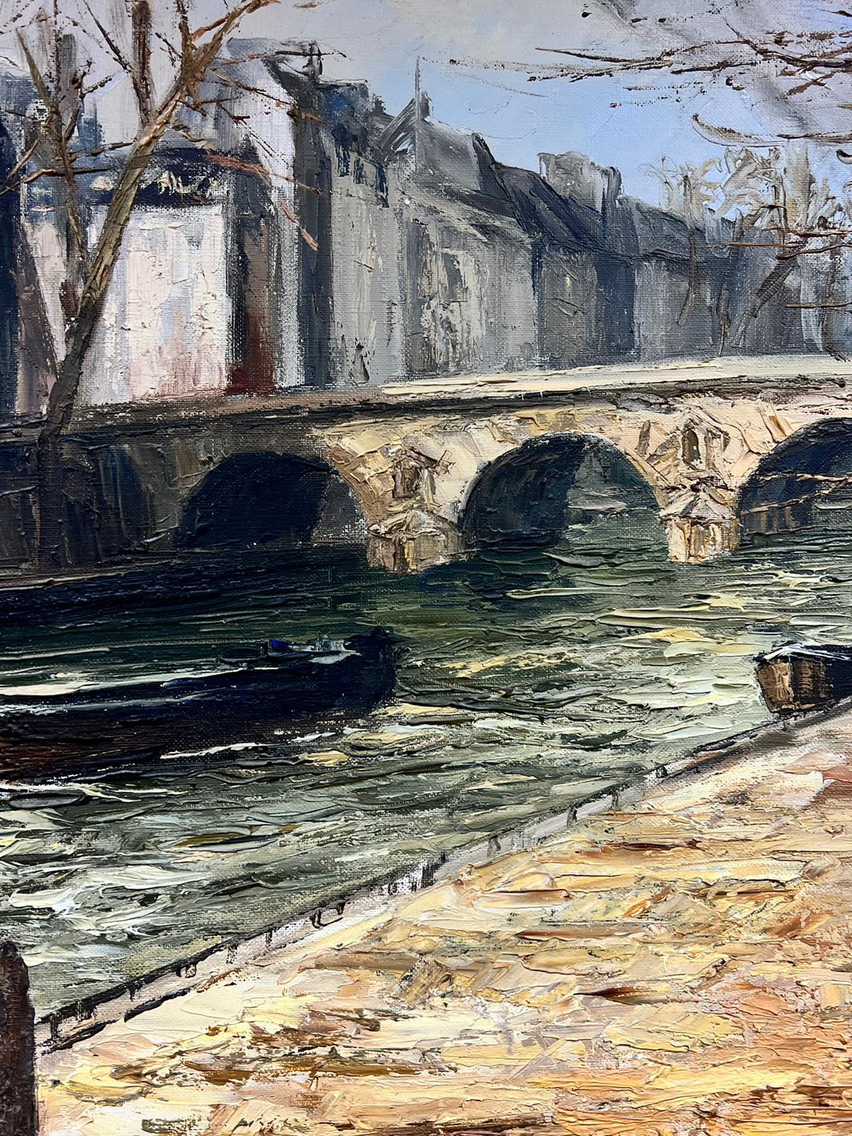 1960s Pont Marie Paris River Seine Original French Post Impressionist Signed Oil - Post-Impressionist Painting by Josine Vignon