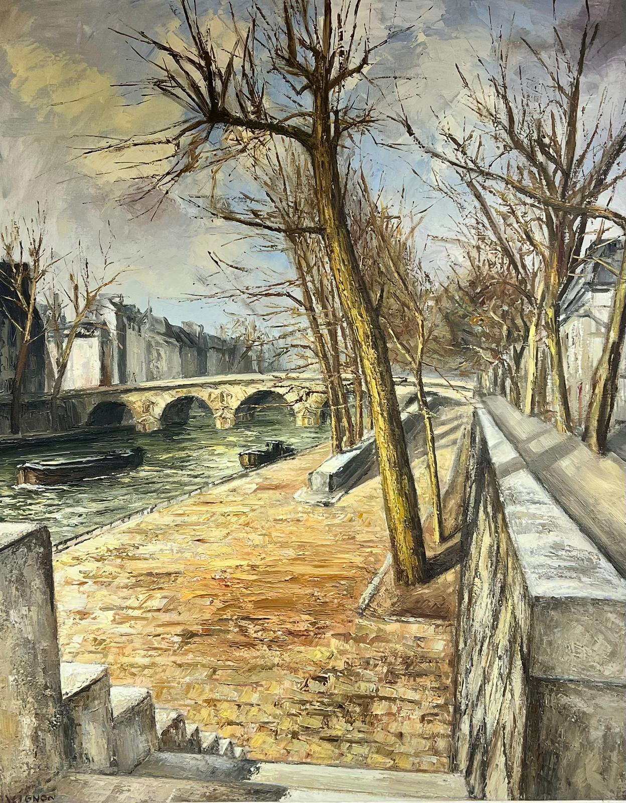 Josine Vignon Landscape Painting - 1960s Pont Marie Paris River Seine Original French Post Impressionist Signed Oil