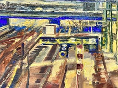 1960's Post Impressionist French Oil Paris Train Station Large Painting Canvas