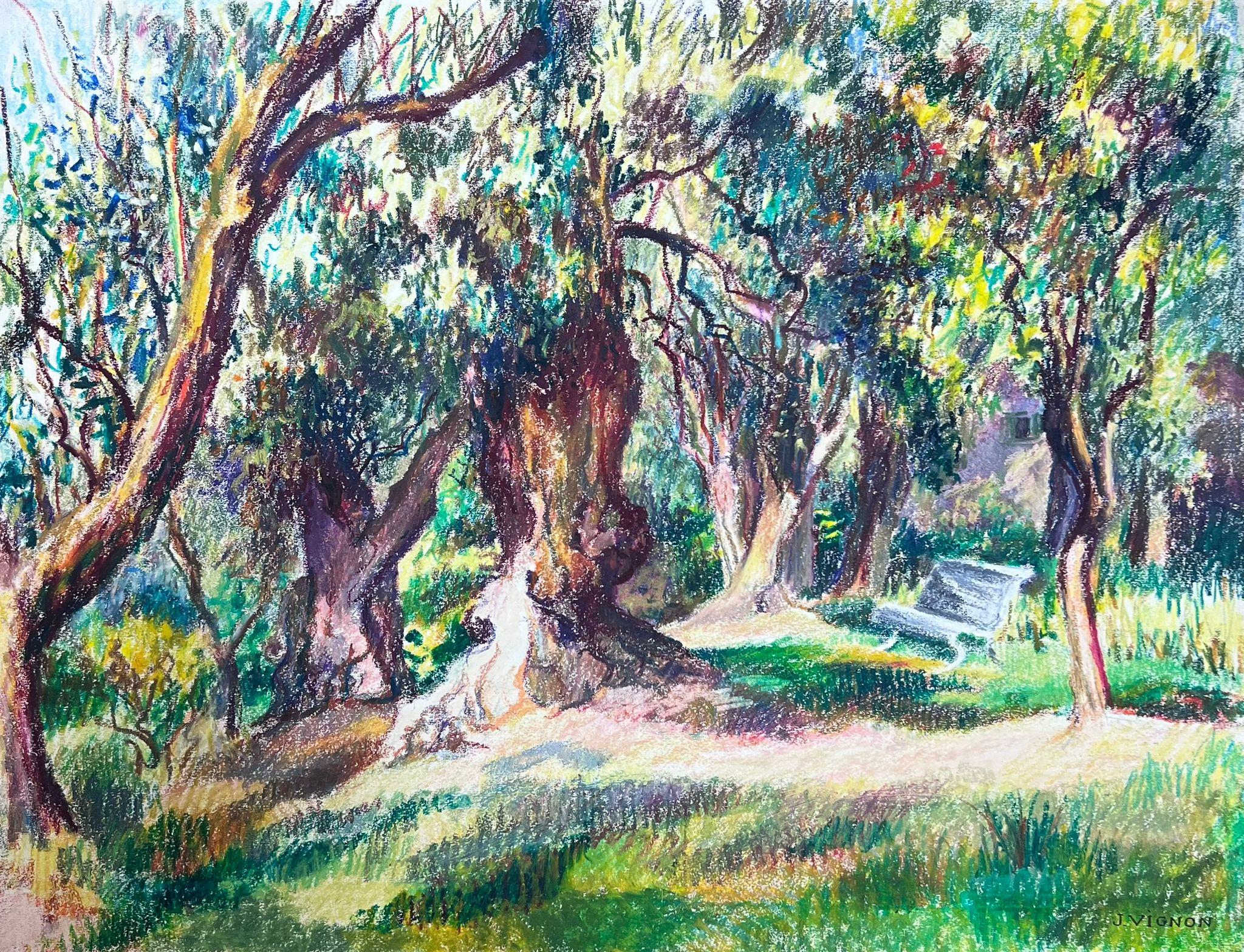 Josine Vignon Landscape Painting – 1970's Französisch Impressionist Pastell Gartenbank in der Sommer-Baum-Garten