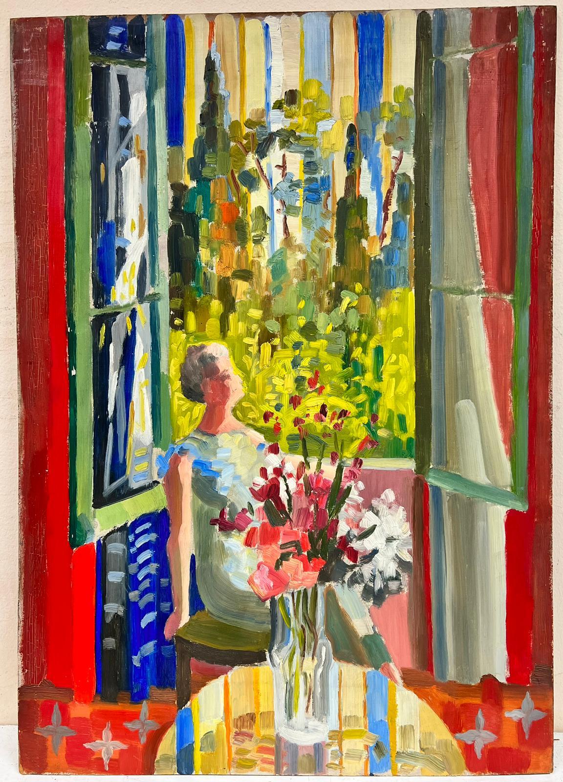 1970's Lady Looking At View The From The Window French Post Impressionist Oil  - Painting by Josine Vignon